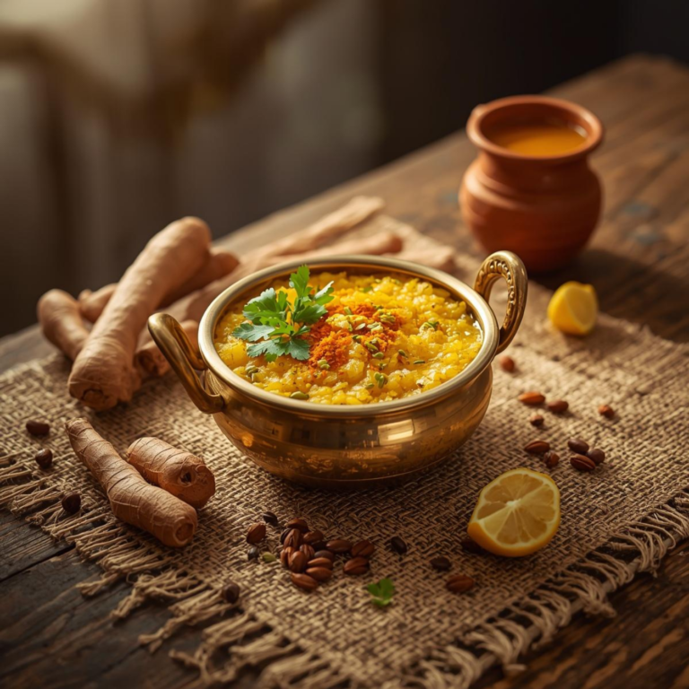 Warm Ayurvedic meal with turmeric cumin and coriander to improve gut health and clear skin naturally