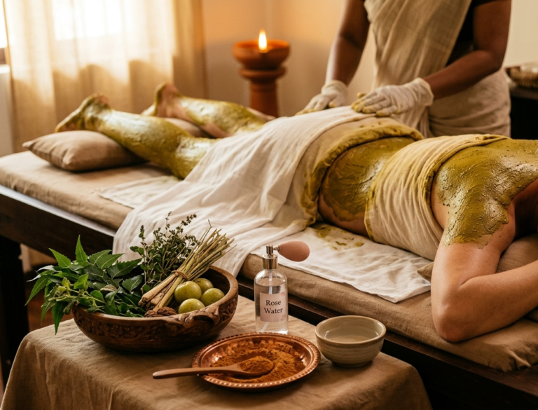 Ayurvedic herbal body wrap and body polishing treatment for skin renewal at Swaanubhutii Pun
